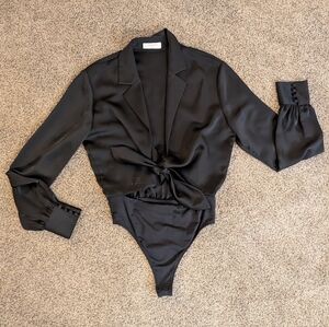 Aritzia Black Silky Tie Front Bodysuit